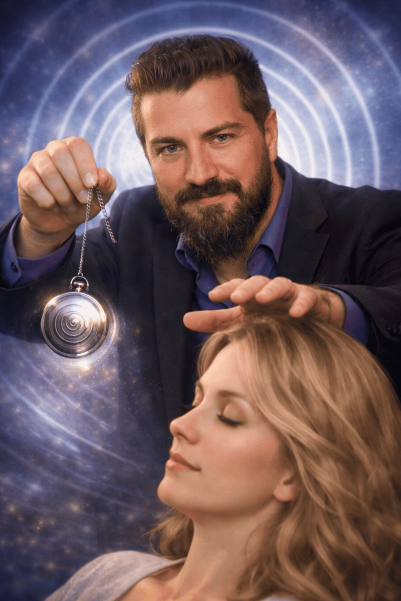 hipnoterapeut-timisoara-hipnosa Hipnoterapeut profesionist cu barbă, realizând o inducție hipnotică cu pendulul într-o sesiune de hipnoterapie, pe fundal simbolic calmant.