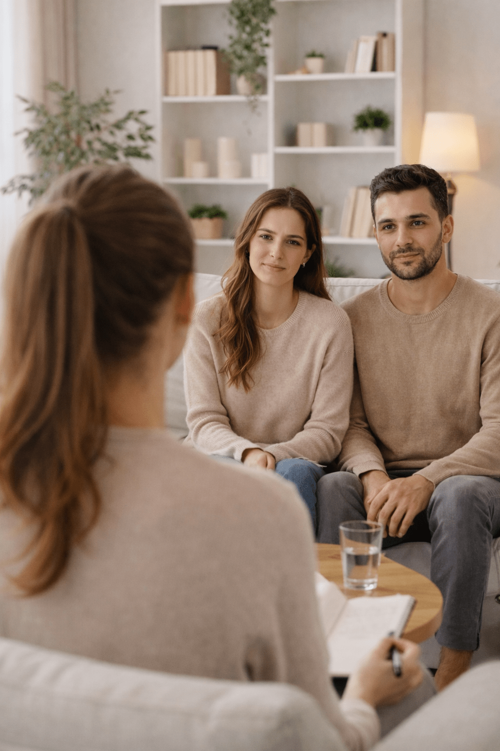 Cuplu în sesiune de terapie de cuplu, așezați pe canapea, într-un cabinet de psihologie calm și luminos