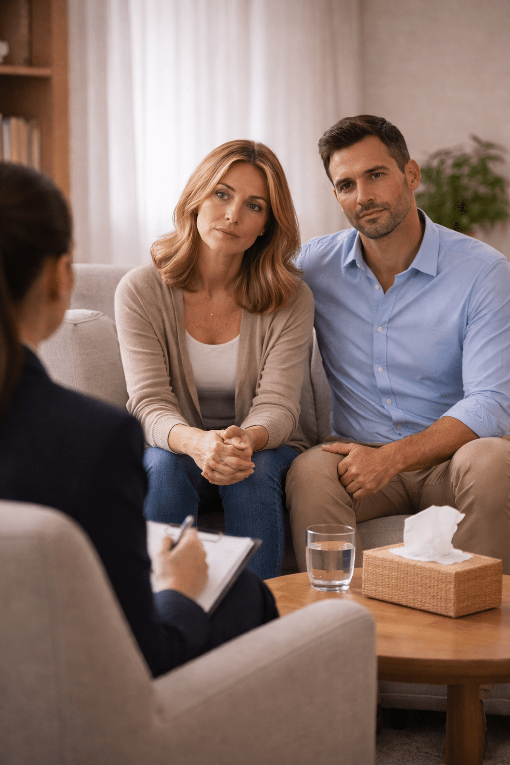 Cuplu în sesiune de terapie de cuplu într-un cabinet de psihologie, atmosferă calmă și relaxantă