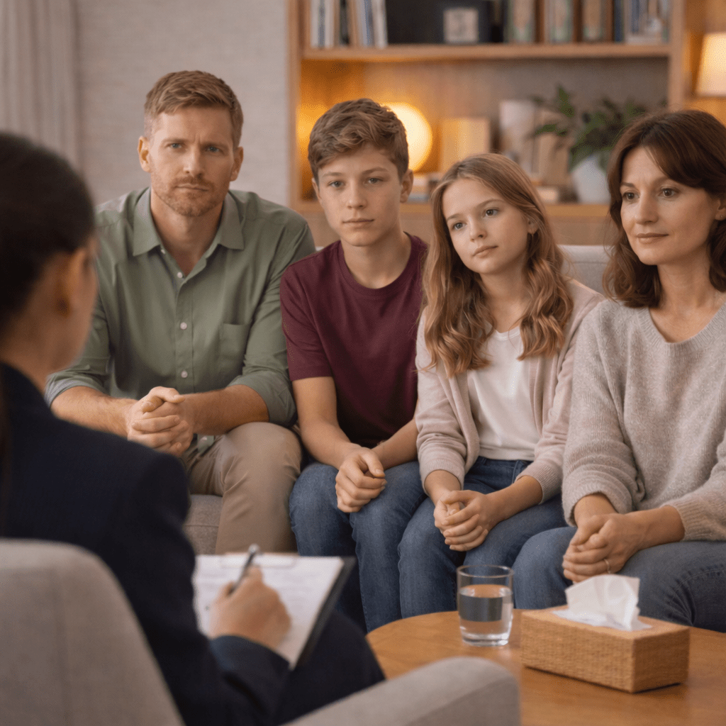 Familie în sesiune de terapie de familie într-un cabinet de psihologie, atmosferă calmă și sigură