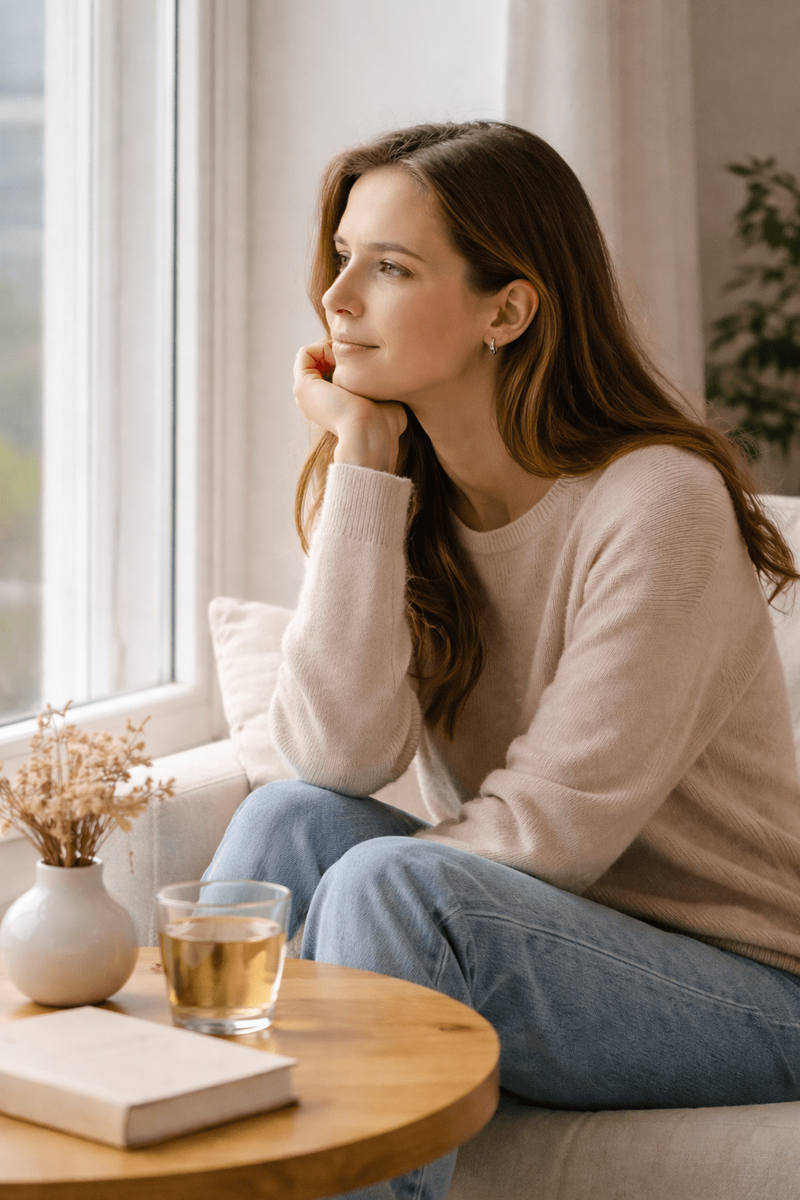 Persoană aflată într-un moment de reflecție într-un spațiu calm și luminos, asociat cu terapia individuală