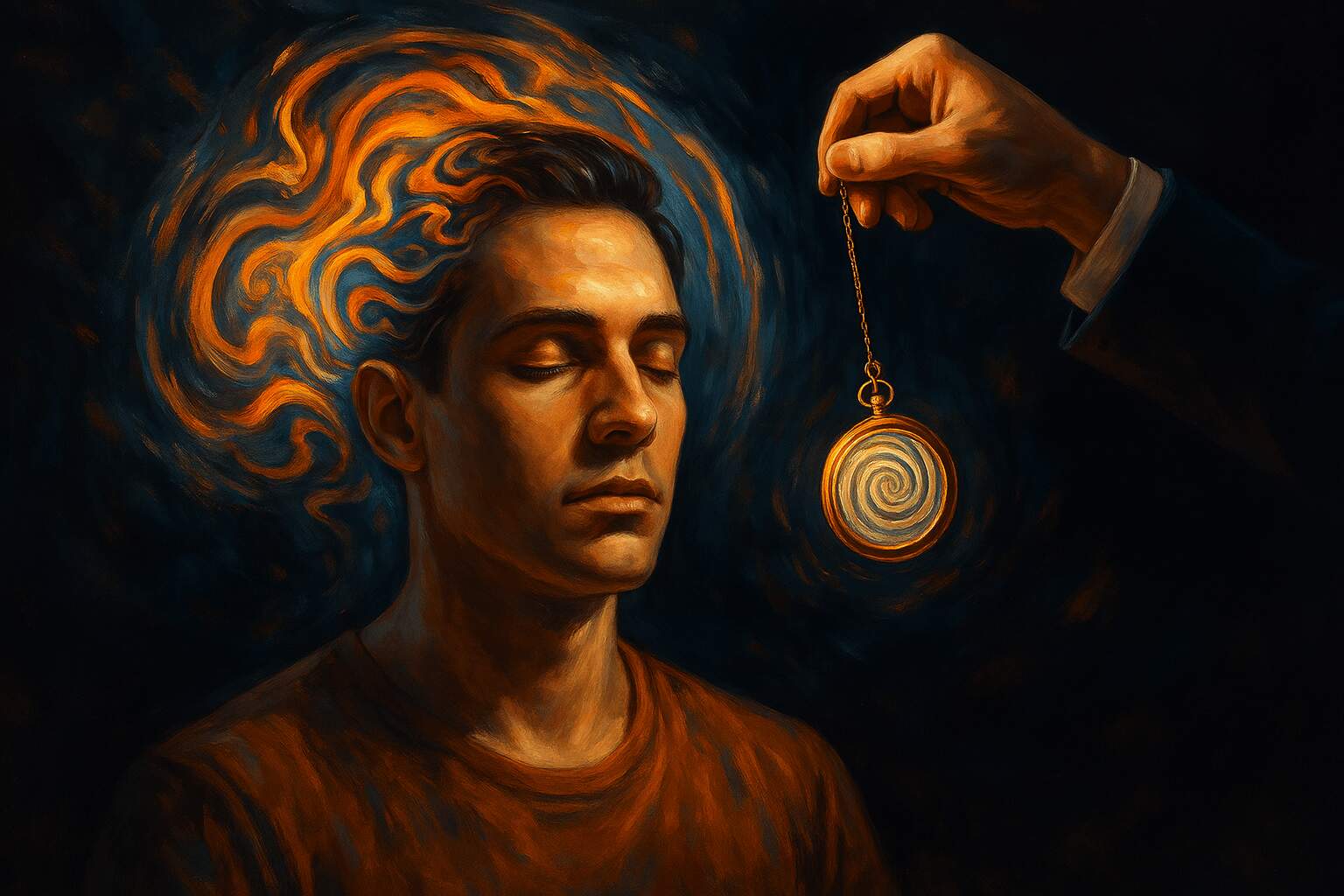 Ce este hipnoza – ilustrație cu mintea umană și ceas pendul, simbol al stării hipnotice