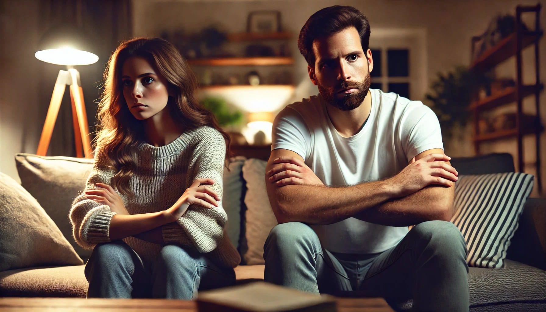 Despărțire – femeie și bărbat triști, privind în direcții opuse, simbol al diferenței dintre sexualitatea emoțională și sexualitatea fizică